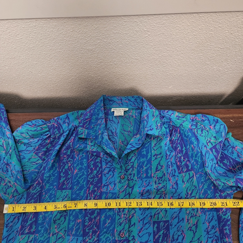 Vintage 80s Gailord Blue Polyester Button Front Blouse - Picture 7 of 9